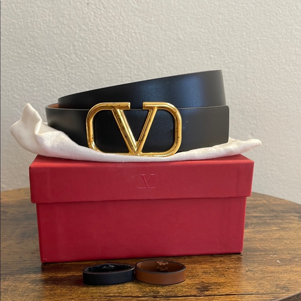 Valentino Reversible Black/Brown Leather Belt with brass V logo buckle